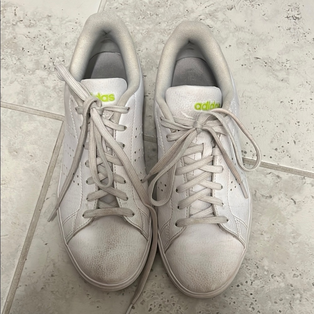 Adidas White Sneakers with Neon Green Accents